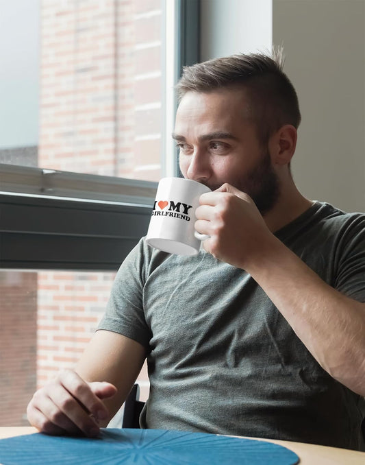 I Love My Girlfriend Mug - I Heart My Hot Girlfriend GF Mug - Funny Mug - Gag Gift - 11Oz Cermaic Mug.